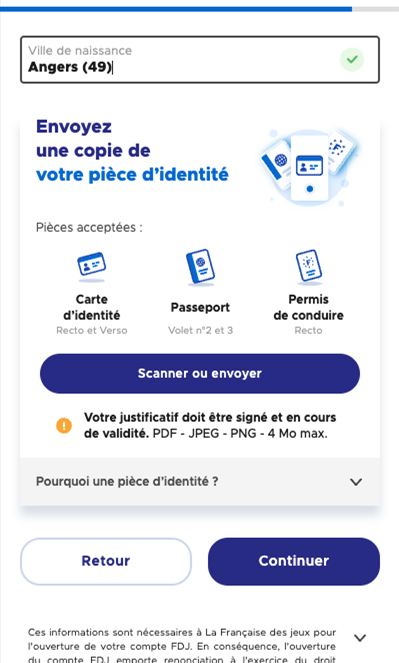 À partir de l'étape 3 vous pouvez déjà envoyer une pièce d'identité pour prouver que vous êtes majeure responsable. Vous pourrez réaliser cette étape plus tard si vous le souhaitez.